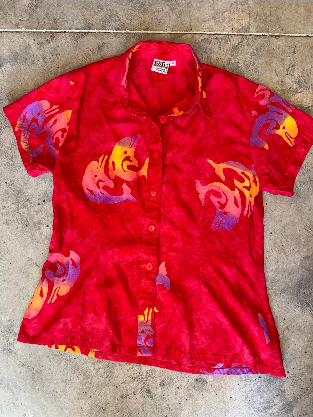 Go Fish Red Short-Sleeve Button-Down Shirt with Multicolor Dolphin Motif